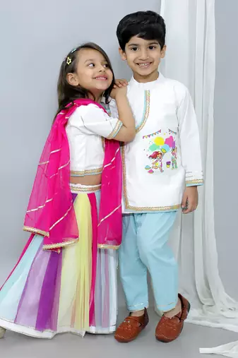 White printed cotton Boy's Kurta Pyjama
