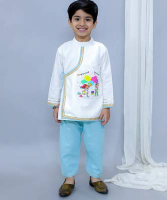 White printed cotton Boy's Kurta Pyjama 1