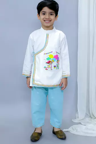 White printed cotton kurta pyjama