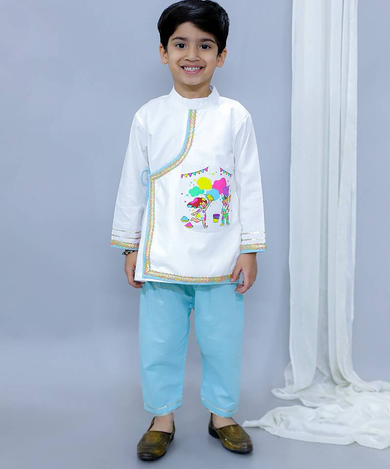 White printed cotton kurta pyjama
