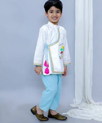 White printed cotton Boy's Kurta Pyjama 5