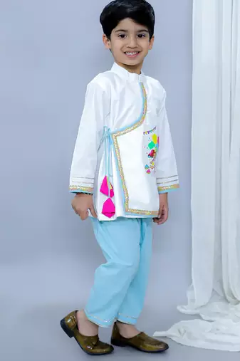 White printed cotton Boy's Kurta Pyjama