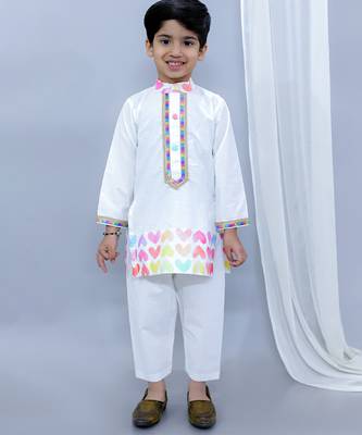White printed cotton Boy's Kurta Pyjama 1
