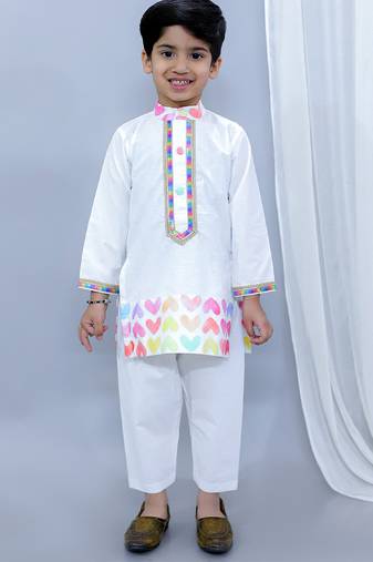 White printed cotton kurta pyjama