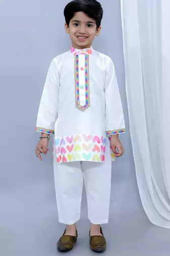 White printed cotton kurta pyjama