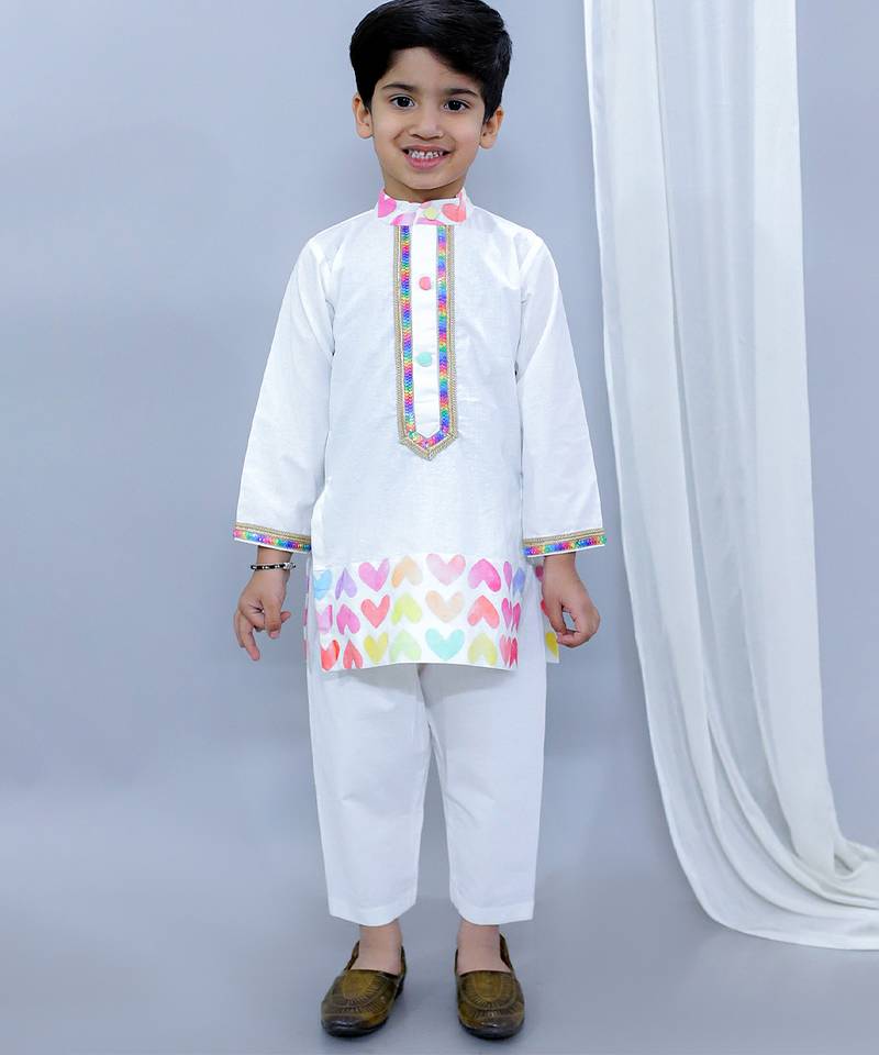 White printed cotton kurta pyjama