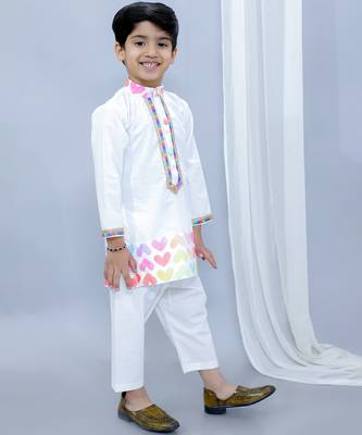 White printed cotton Boy's Kurta Pyjama 2