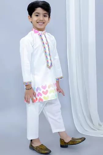 White printed cotton Boy's Kurta Pyjama