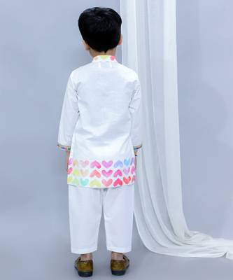 White printed cotton Boy's Kurta Pyjama 3