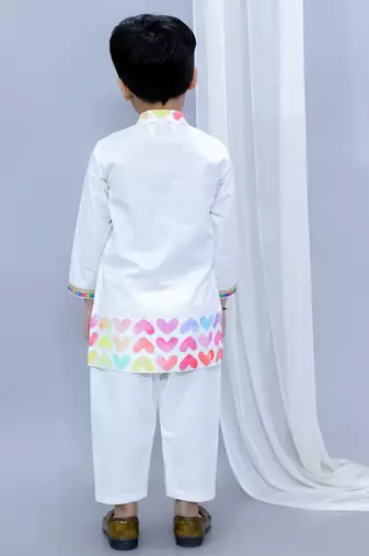 White printed cotton Boy's Kurta Pyjama
