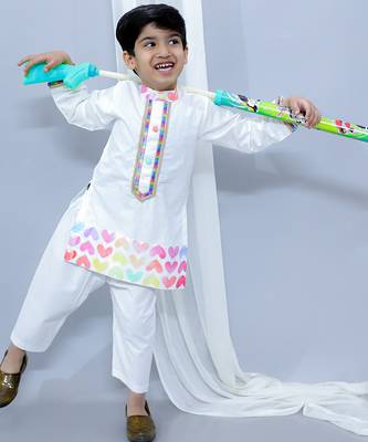 White printed cotton Boy's Kurta Pyjama 4