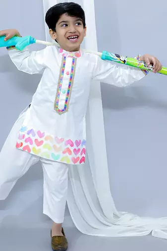 White printed cotton Boy's Kurta Pyjama