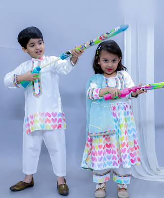 White printed cotton Boy's Kurta Pyjama 5