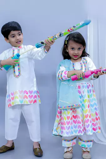 White printed cotton Boy's Kurta Pyjama