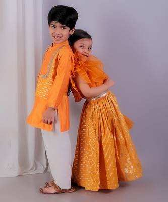 Orange printed cotton silk Boy's Kurta Pyjama 2