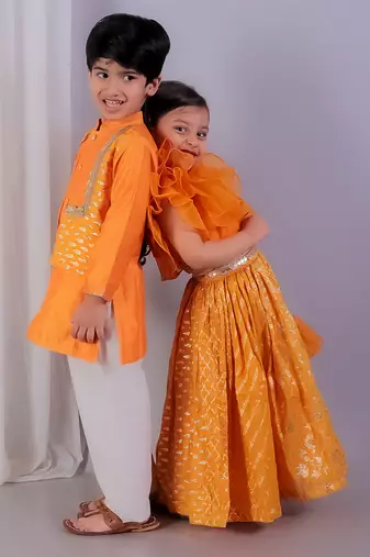Orange printed cotton silk Boy's Kurta Pyjama