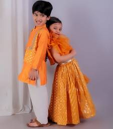 Orange printed cotton silk kurta pyjama