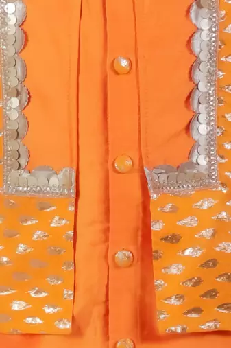 Orange printed cotton silk kurta pyjama