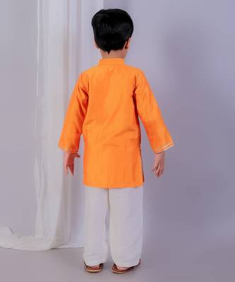 Orange printed cotton silk Boy's Kurta Pyjama 5
