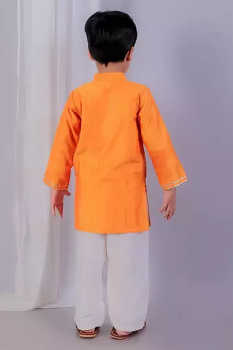 Orange printed cotton silk Boy's Kurta Pyjama