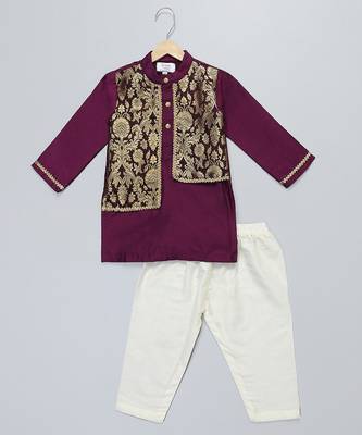 Purple printed cotton silk Boy's Kurta Pyjama 1