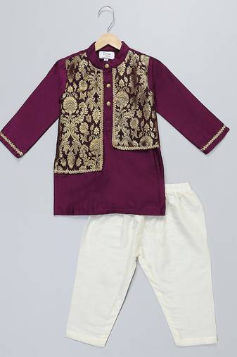 Purple printed cotton silk kurta pyjama