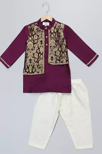 Purple printed cotton silk kurta pyjama