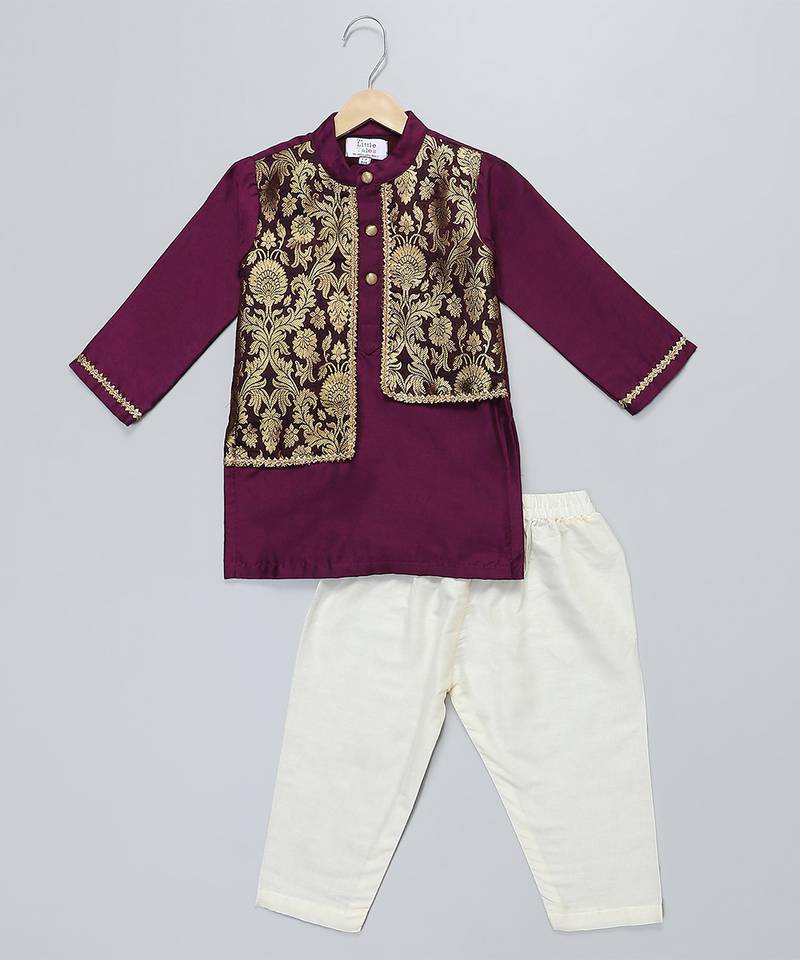 Purple printed cotton silk kurta pyjama