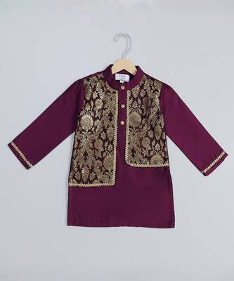 Purple printed cotton silk Boy's Kurta Pyjama 3
