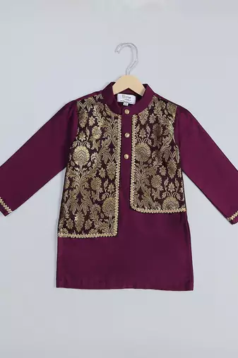 Purple printed cotton silk Boy's Kurta Pyjama