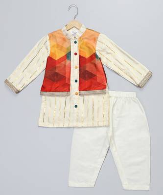 Multicolor printed cotton silk Boy's Kurta Pyjama 1