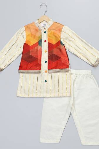 Multicolor printed cotton silk kurta pyjama