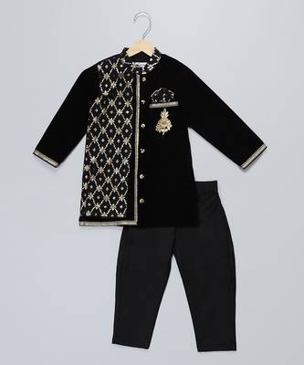 Black embroidered velvet Boy's Kurta Pyjama 1