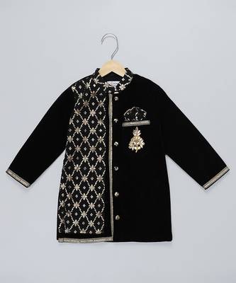 Black embroidered velvet Boy's Kurta Pyjama 3