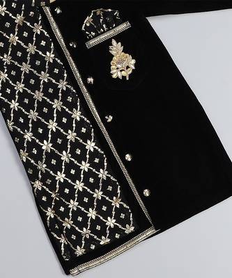 Black embroidered velvet Boy's Kurta Pyjama 4