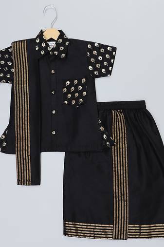 Black printed cotton silk kurta and Lungi