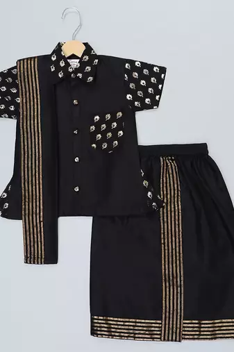 Black printed cotton silk kurta and Lungi