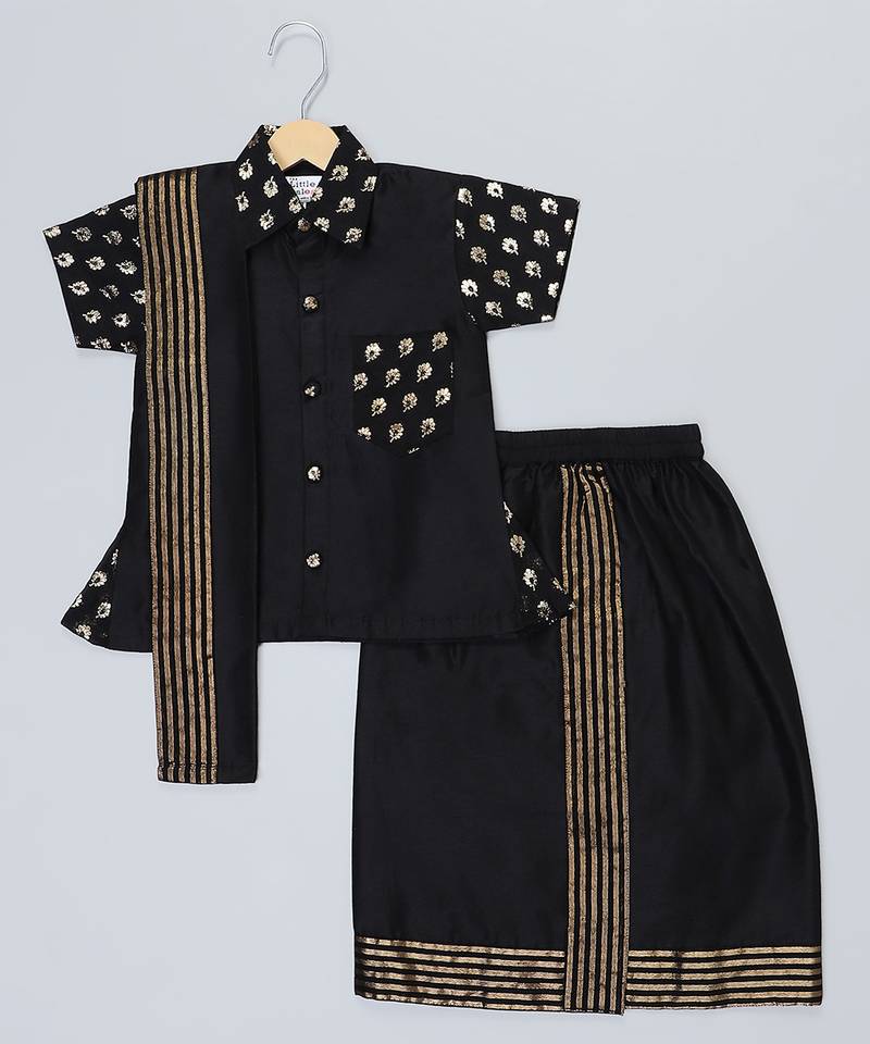 Black printed cotton silk kurta and Lungi