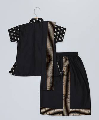 Black Printed Cotton Silk Boys' Mundu Shirt Set 2