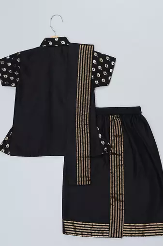 Black Printed Cotton Silk Boys' Mundu Shirt Set