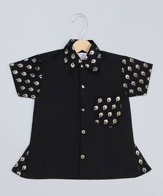 Black Printed Cotton Silk Boys' Mundu Shirt Set 3