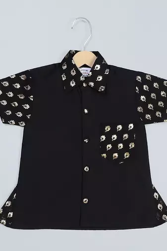 Black Printed Cotton Silk Boys' Mundu Shirt Set