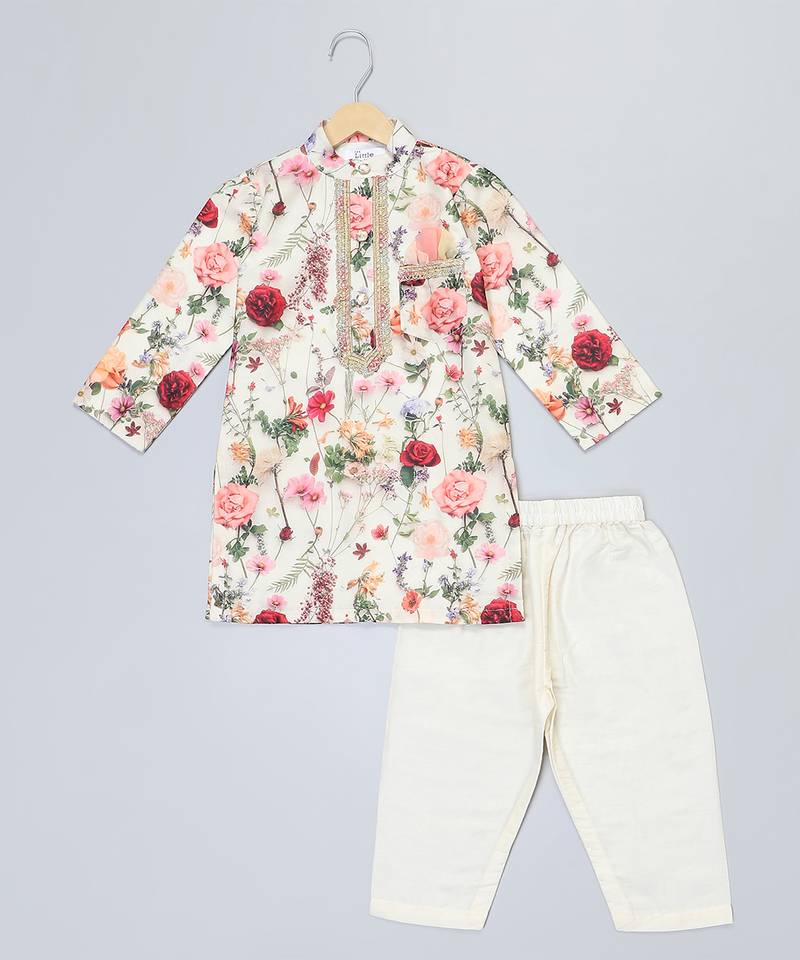 Multicolor printed cotton silk kurta pyjama