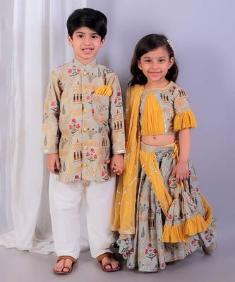 Beige printed cotton silk Boy's Kurta Pyjama 2