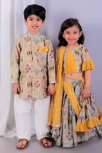 Beige printed cotton silk Boy's Kurta Pyjama