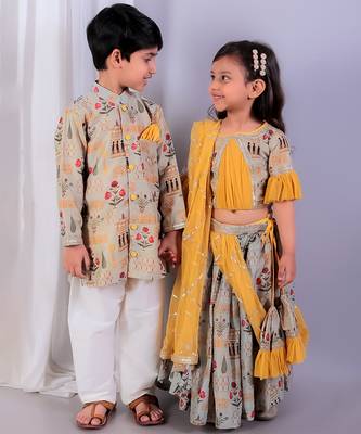 Beige printed cotton silk Boy's Kurta Pyjama 3