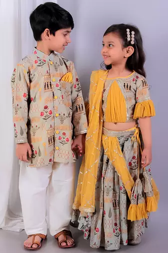 Beige printed cotton silk Boy's Kurta Pyjama