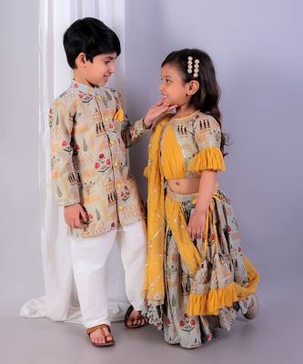 Beige printed cotton silk Boy's Kurta Pyjama 4