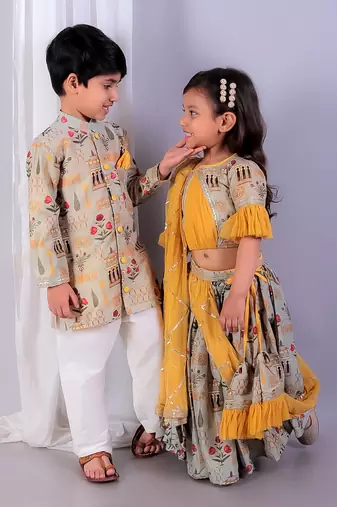 Beige printed cotton silk Boy's Kurta Pyjama
