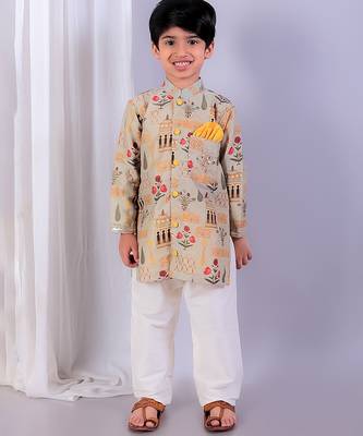 Beige printed cotton silk Boy's Kurta Pyjama 1